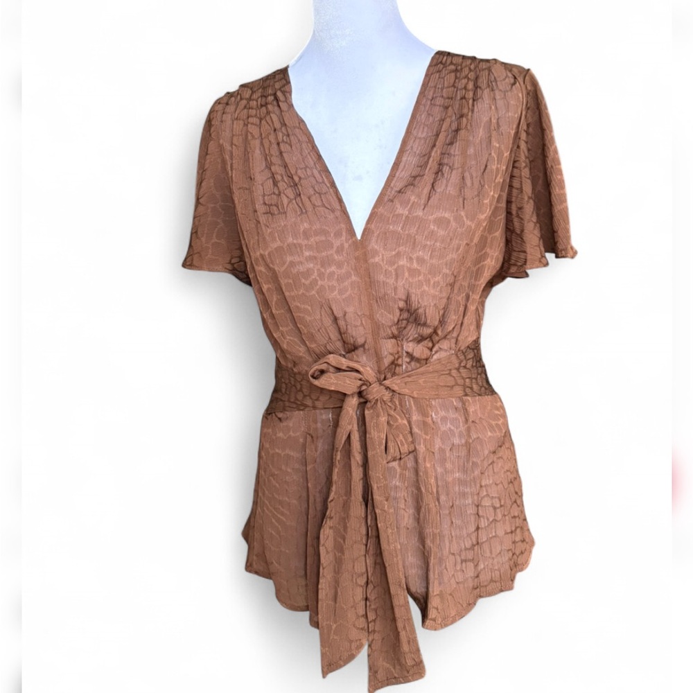 Brown Textured Wrap Blouse Tie Waist Flutter Sleeve Boho Top